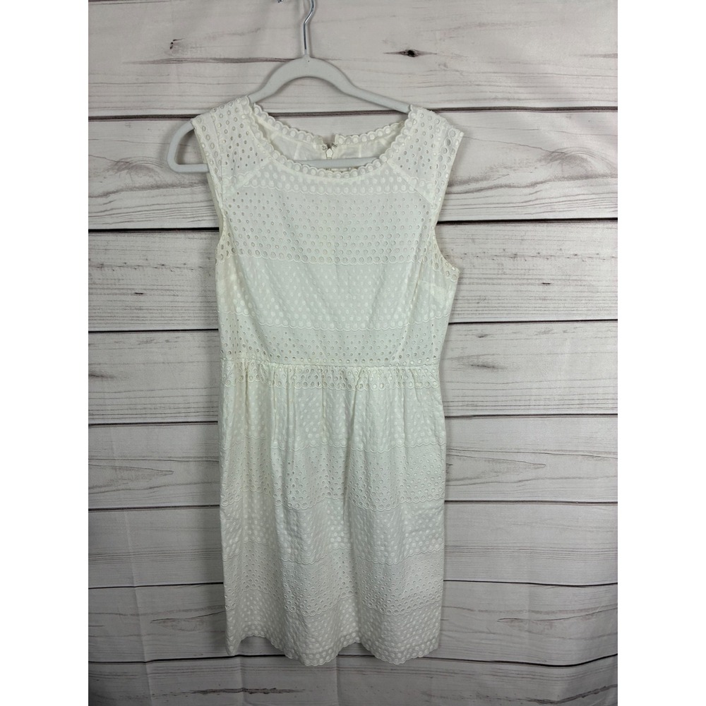 J Crew White Eyelet Lace Sleeveless Scalloped‎ Neckline Fit and Flare Dress
